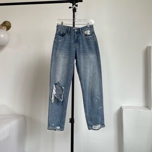 Flying monkey 26” blue jeans. Boyfriend fit with rip and paint details.